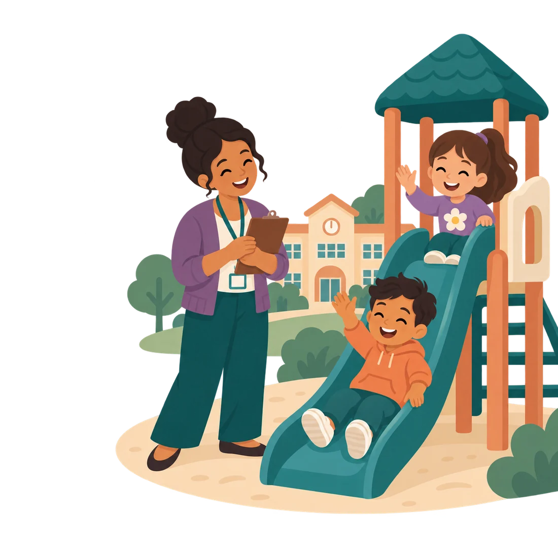 Two children taking turns on a playground slide and waving, with a therapist nearby holding a clipboard and a school in the background